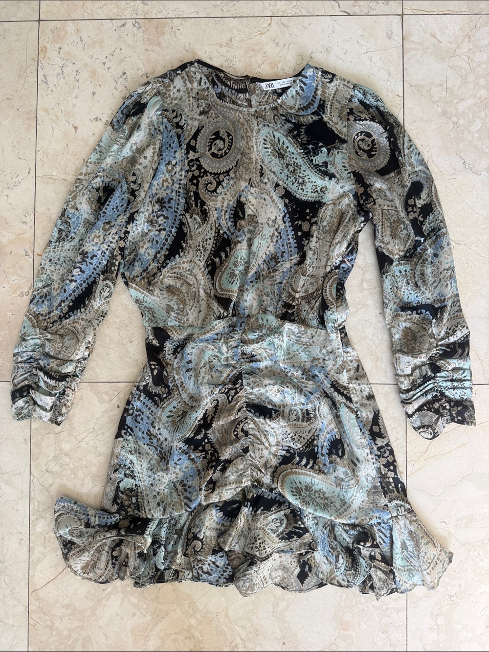 Zara Black, Blue & Cream Paisley Ruffle-Waist Mini Dress